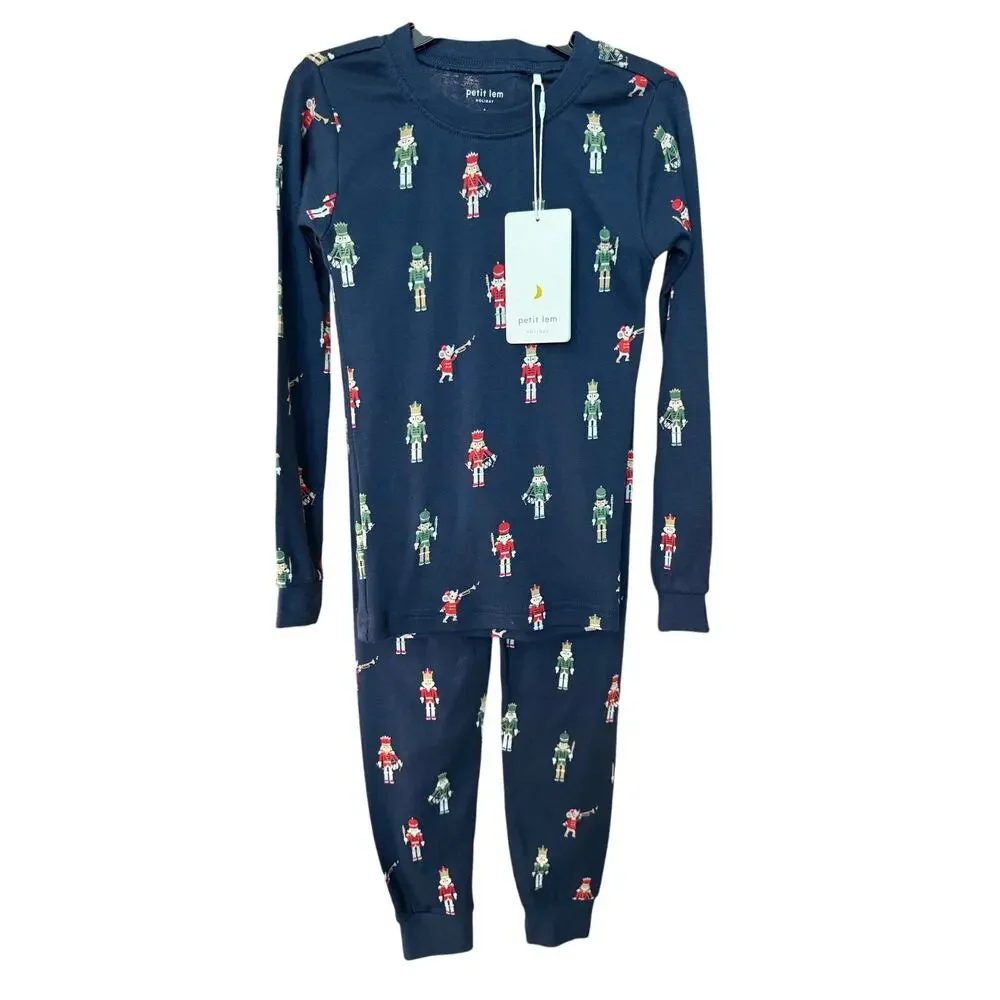 New ~ PETIT LEM ~ Boys Navy Blue Nutcracker Print Two-Piece Pajama Set Size 5